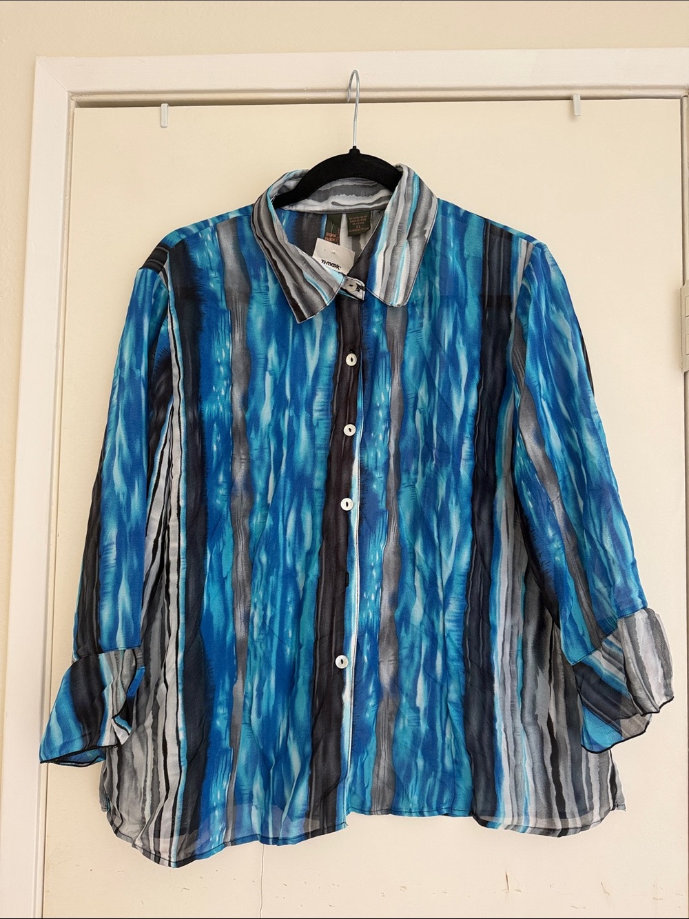 Sere Nade Blue, Black & Gray Striped Sheer Button-Up Blouse size XL